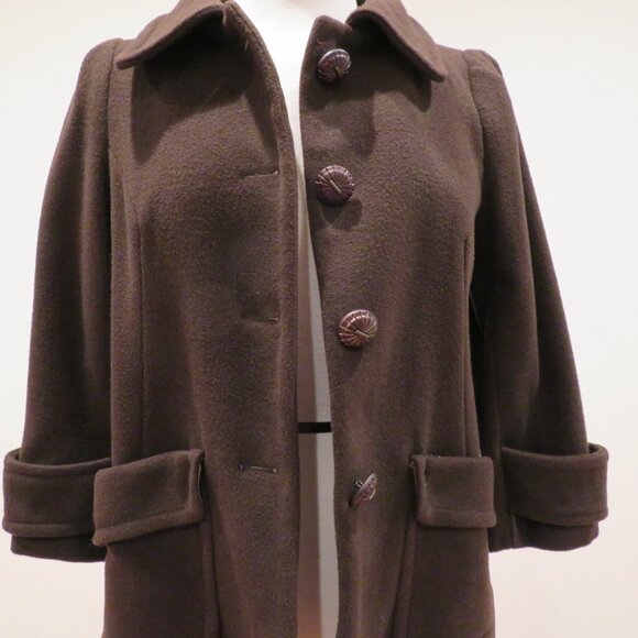 Women Medium Brown Wool Blend Coat Zara Basic Short Structured Invert Box Pleats - Picture 3 of 16